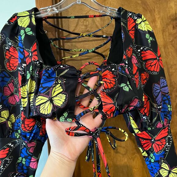 JADED LONDON Butterfly Puff Sleeve Lace‎ Up Crop Top Festival Black Women's 4 - Picture 6 of 10